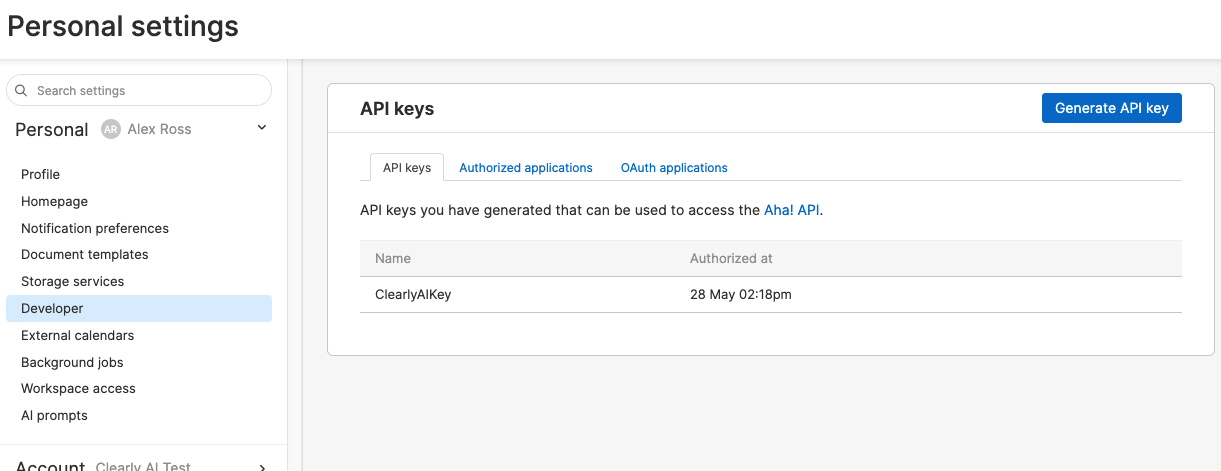 Aha! Developer settings with Generate API key