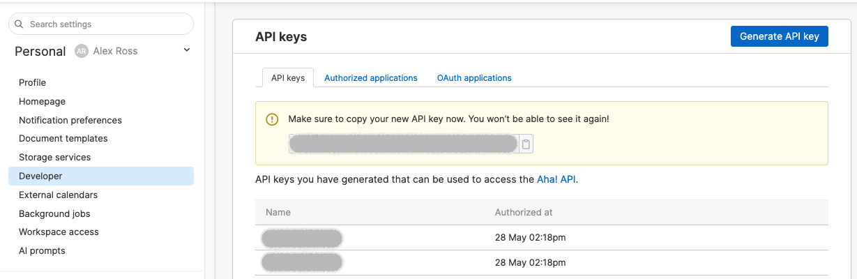 Aha! API key created