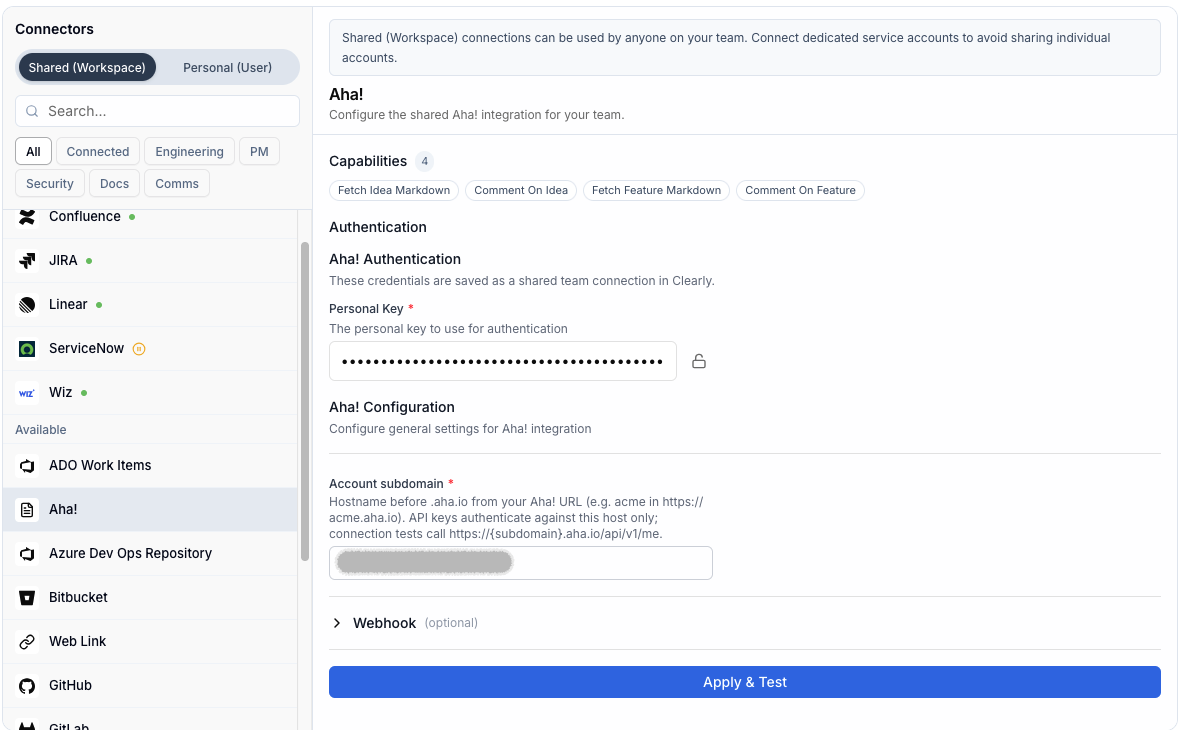 Clearly AI Aha! integration configuration