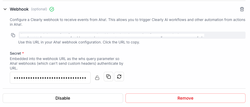 Aha! webhook configuration section