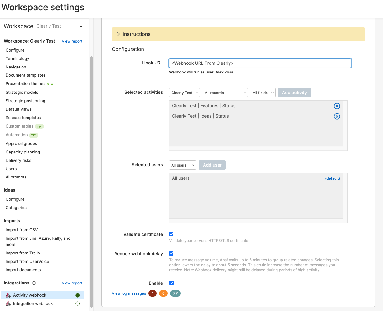 Aha! activity webhook configuration