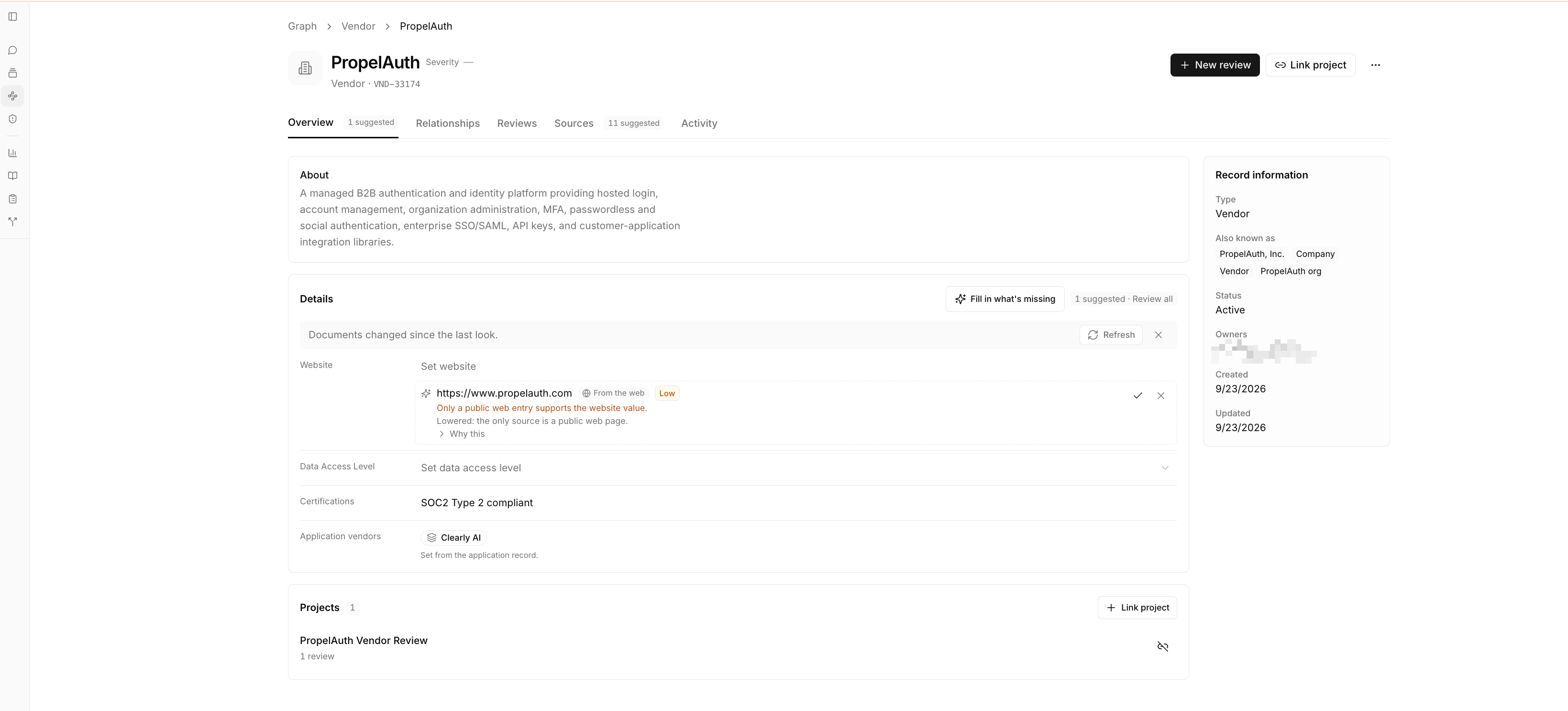 A vendor node's Overview tab in Clearly AI with the Link project action, a Details card offering Fill in what's missing, and a Projects panel listing the linked project