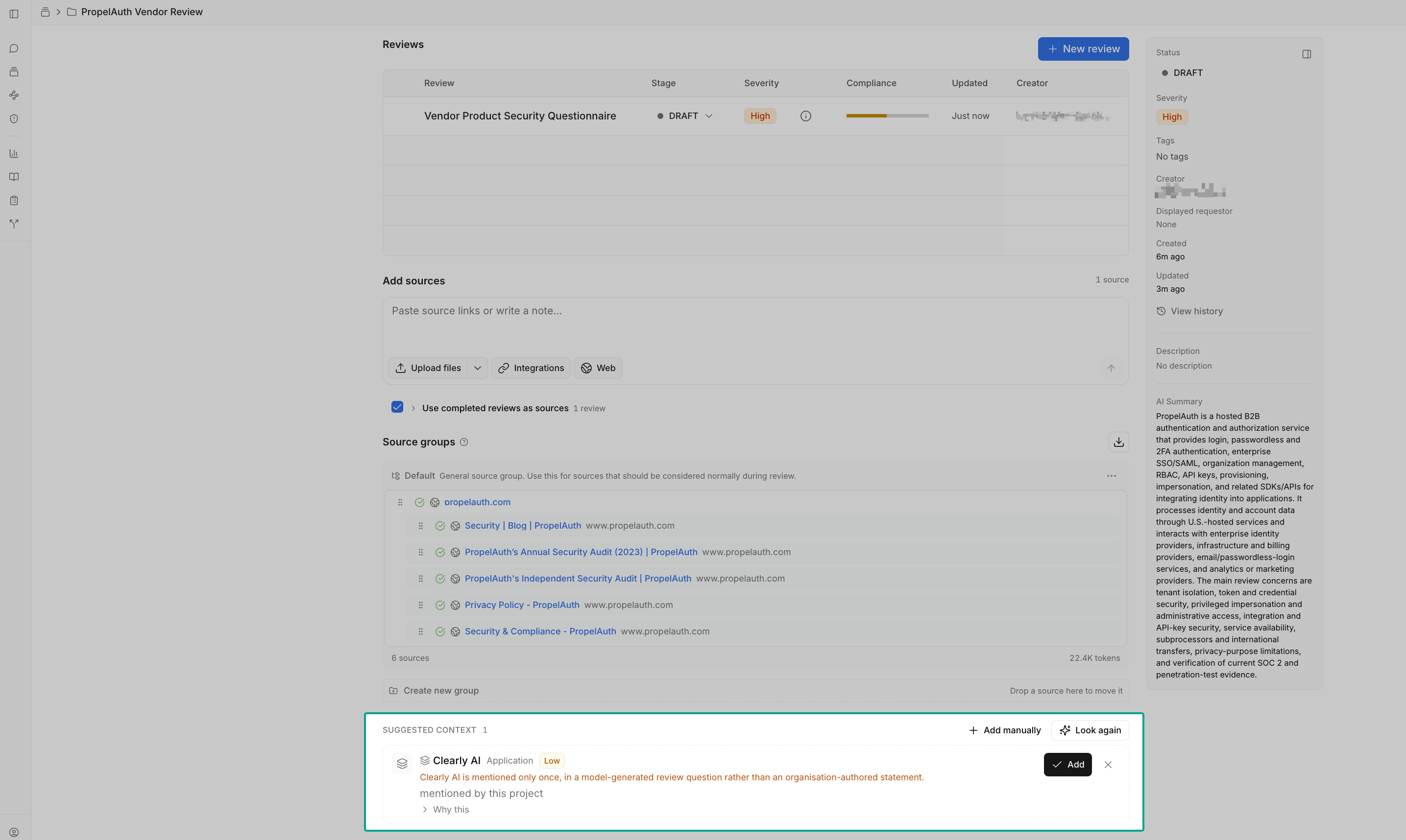 A project page in Clearly AI with the Suggested context section, offering Add manually and Look again, and a low-confidence suggestion with its reason and a Why this disclosure