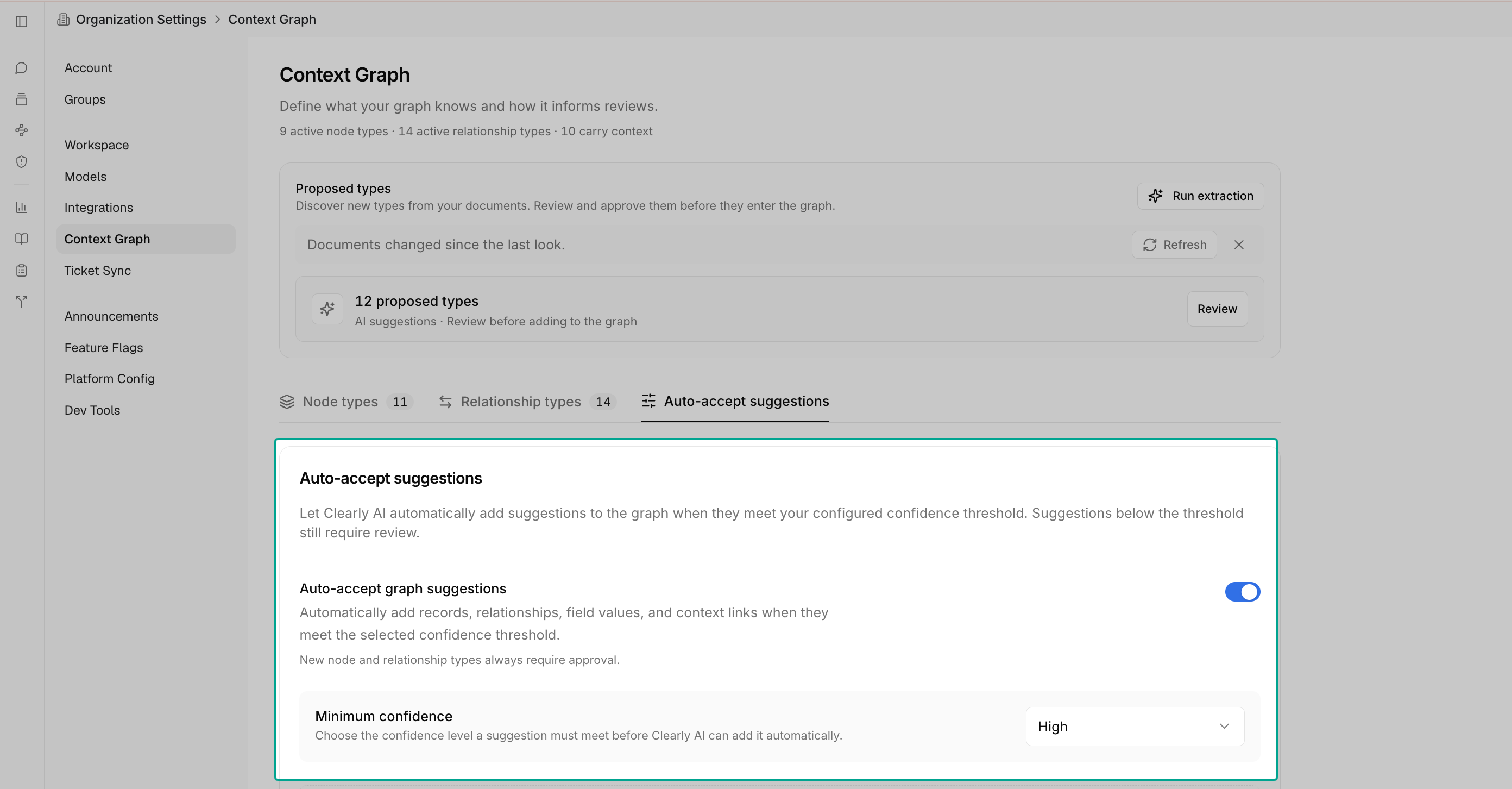 The Auto-accept suggestions tab in Clearly AI settings with Auto-accept graph suggestions switched on and Minimum confidence set to High