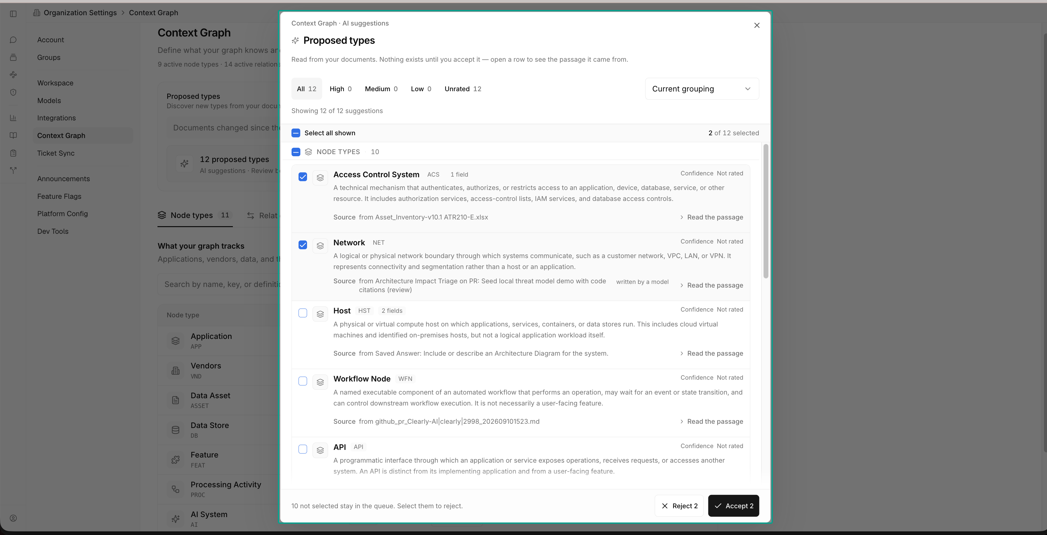 The Proposed types dialog in Clearly AI with confidence filters, Select all shown, and suggested node types each showing its ID prefix, definition, source, and confidence