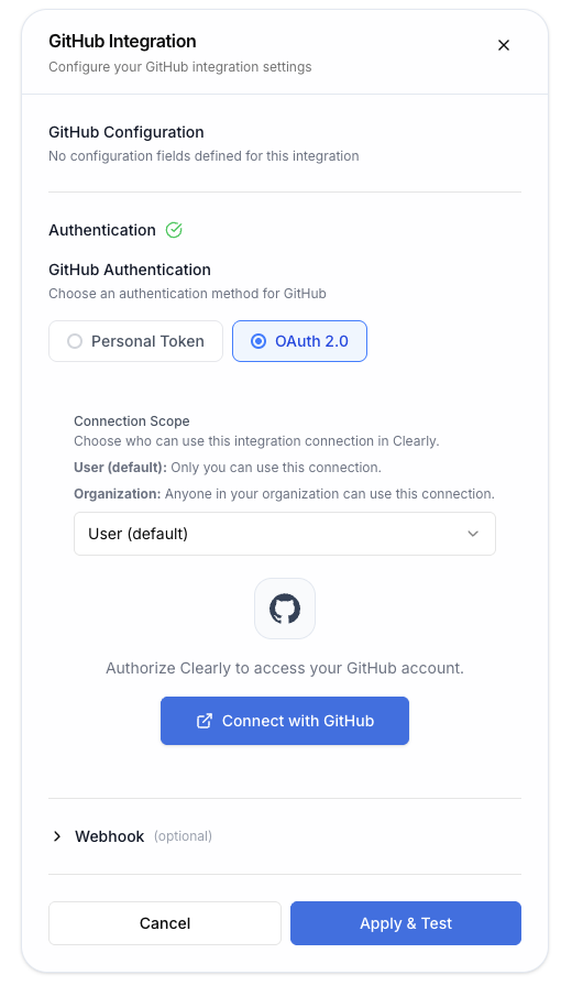 GitHub integration configured for OAuth 2.0 authentication