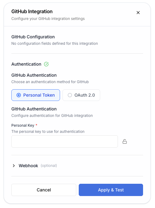 GitHub integration configured for Personal Token authentication