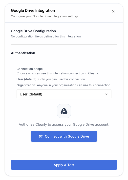Google Drive integration configuration with Connect with Google Drive button