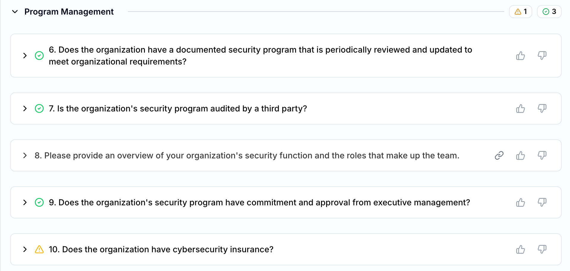 Review section with multiple questions and per-row status icons