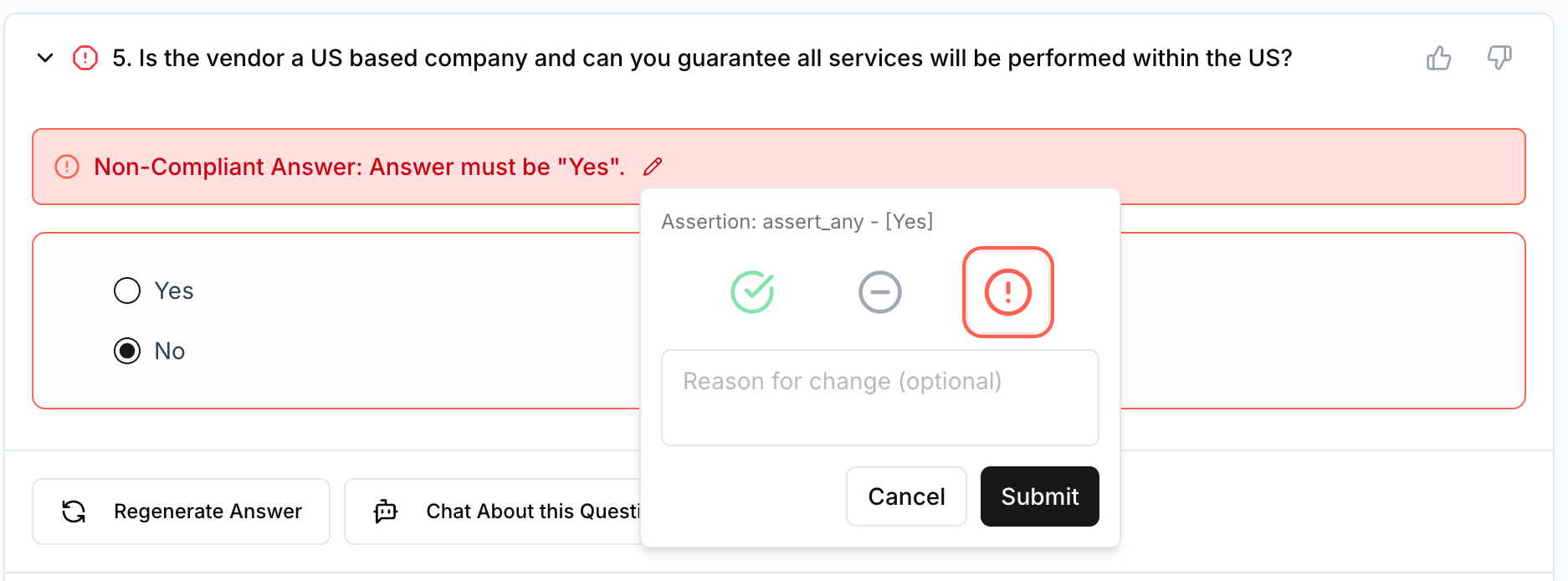 Pencil on a non-compliant banner opens the assertion / compliance editor