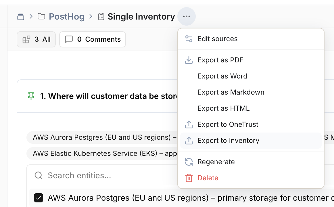 Screenshot of the Export to Inventory feature in Clearly AI