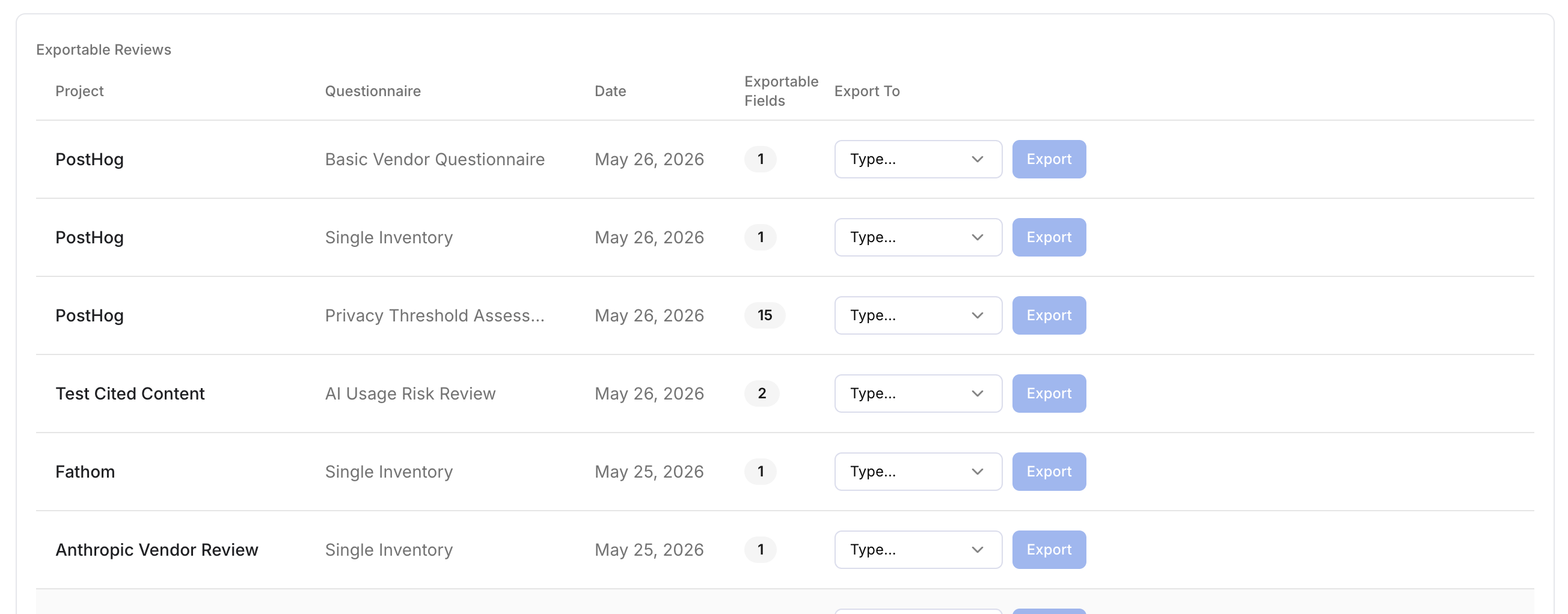 List of exportable reviews with export controls in Clearly AI