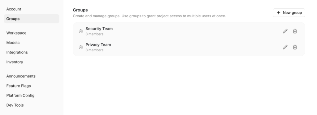 Settings > Groups listing two groups with a New group button
