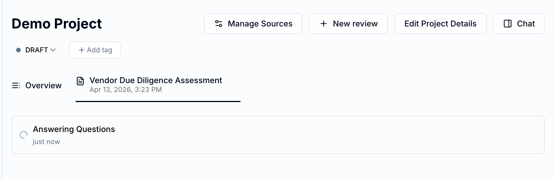 Review tab showing Answering Questions in progress