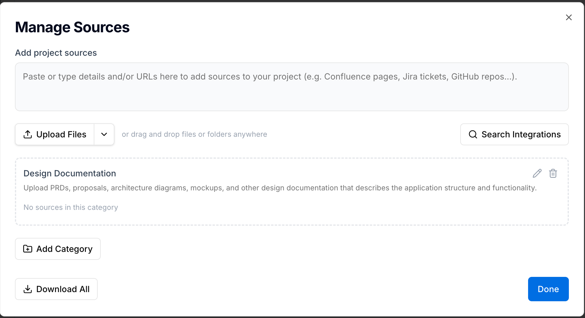 Manage Sources — text box, Upload Files, Search Integrations, and categories