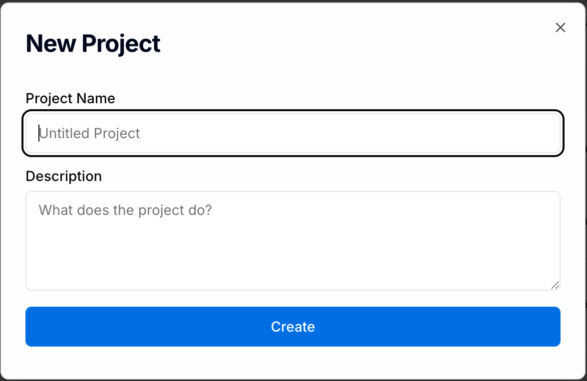 New Project dialog with name, description, and Create