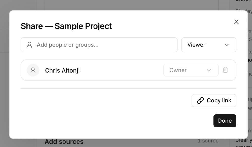 Share dialog with the Add people or groups field, an Owner entry, and Copy link