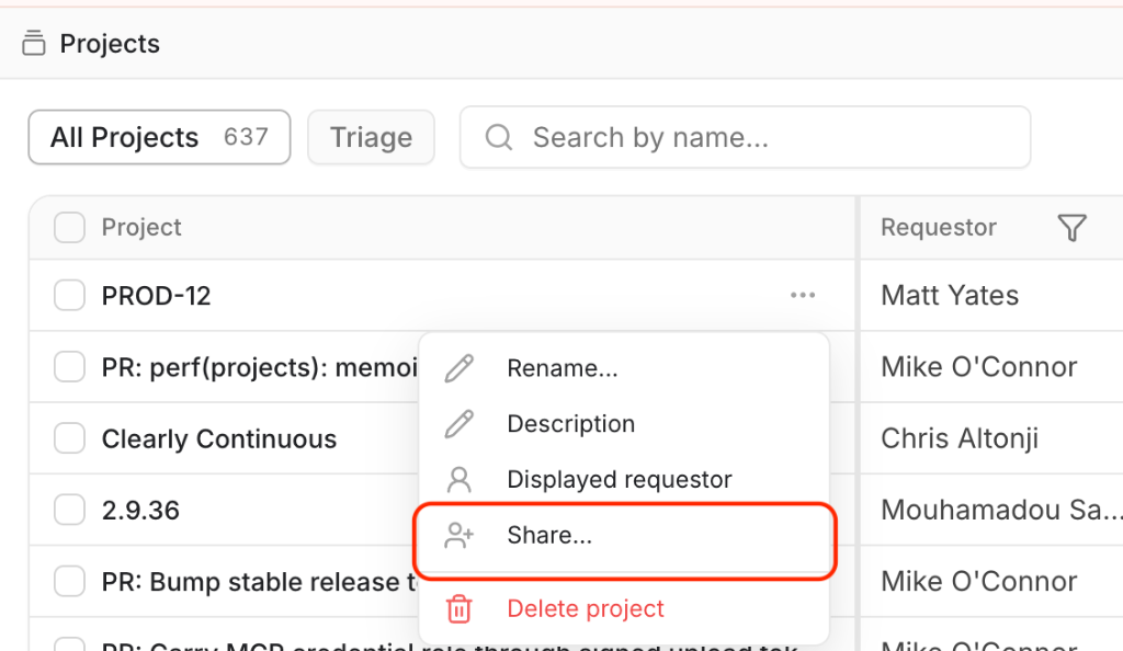 Projects table row menu with the Share action highlighted