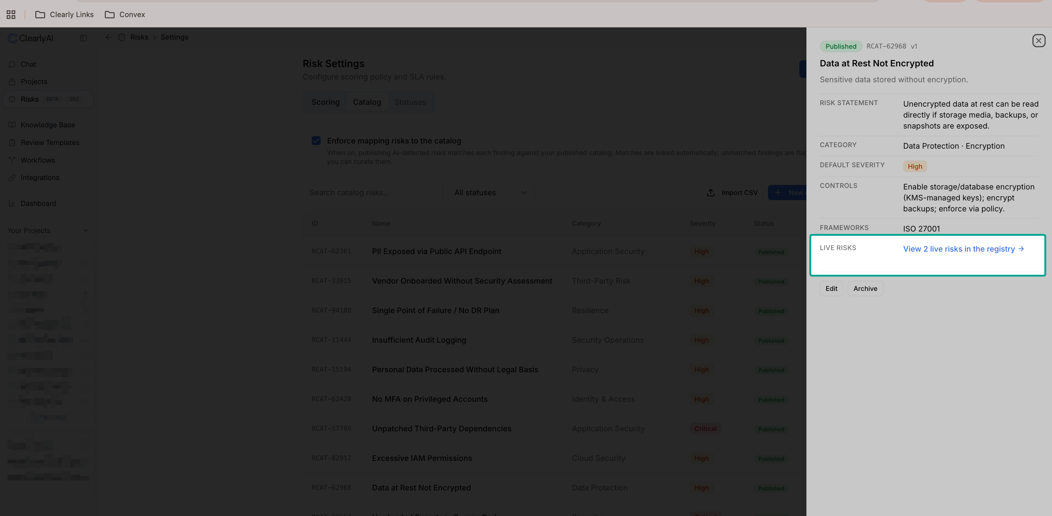 Catalog risk detail panel showing risk statement, category, default severity, controls, frameworks, and a Live risks shortcut to view linked risks in the registry