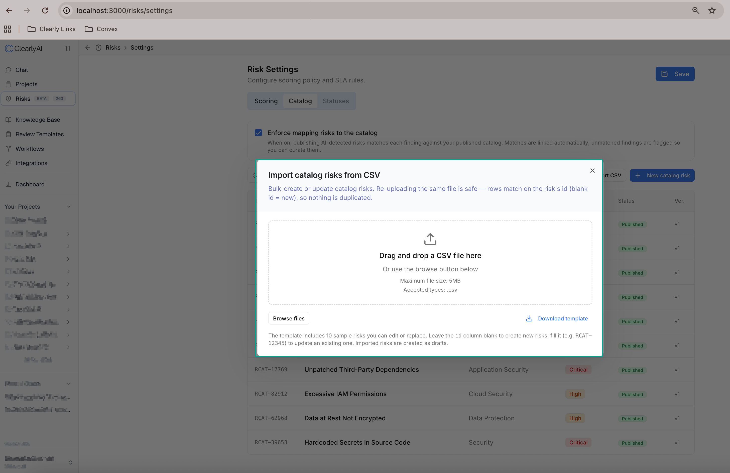 Import catalog risks from CSV dialog with drag-and-drop upload, Browse files, and Download template