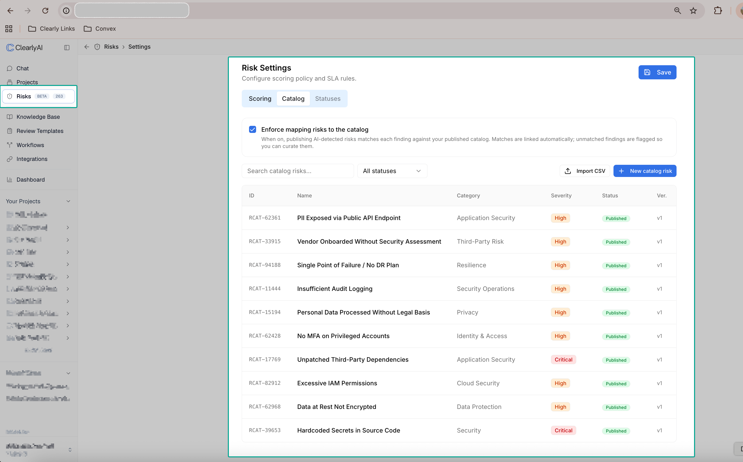 Catalog tab in Risk Settings showing catalog risks with search, a status filter, the ID, name, category, severity, status, and version columns, Import CSV, and New catalog risk