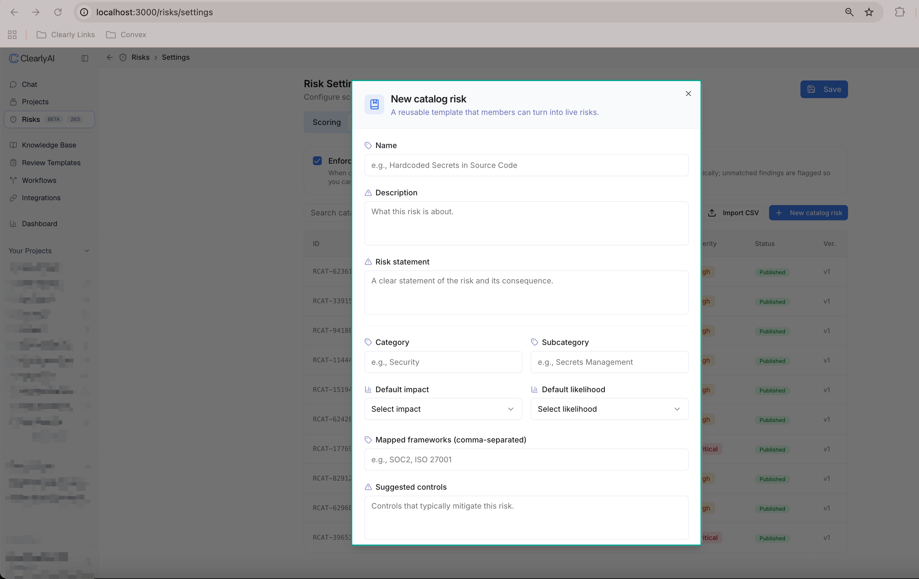 New catalog risk form with Name, Description, Risk Statement, Category and Subcategory, Default Impact and Likelihood, Mapped Frameworks, and Suggested Controls