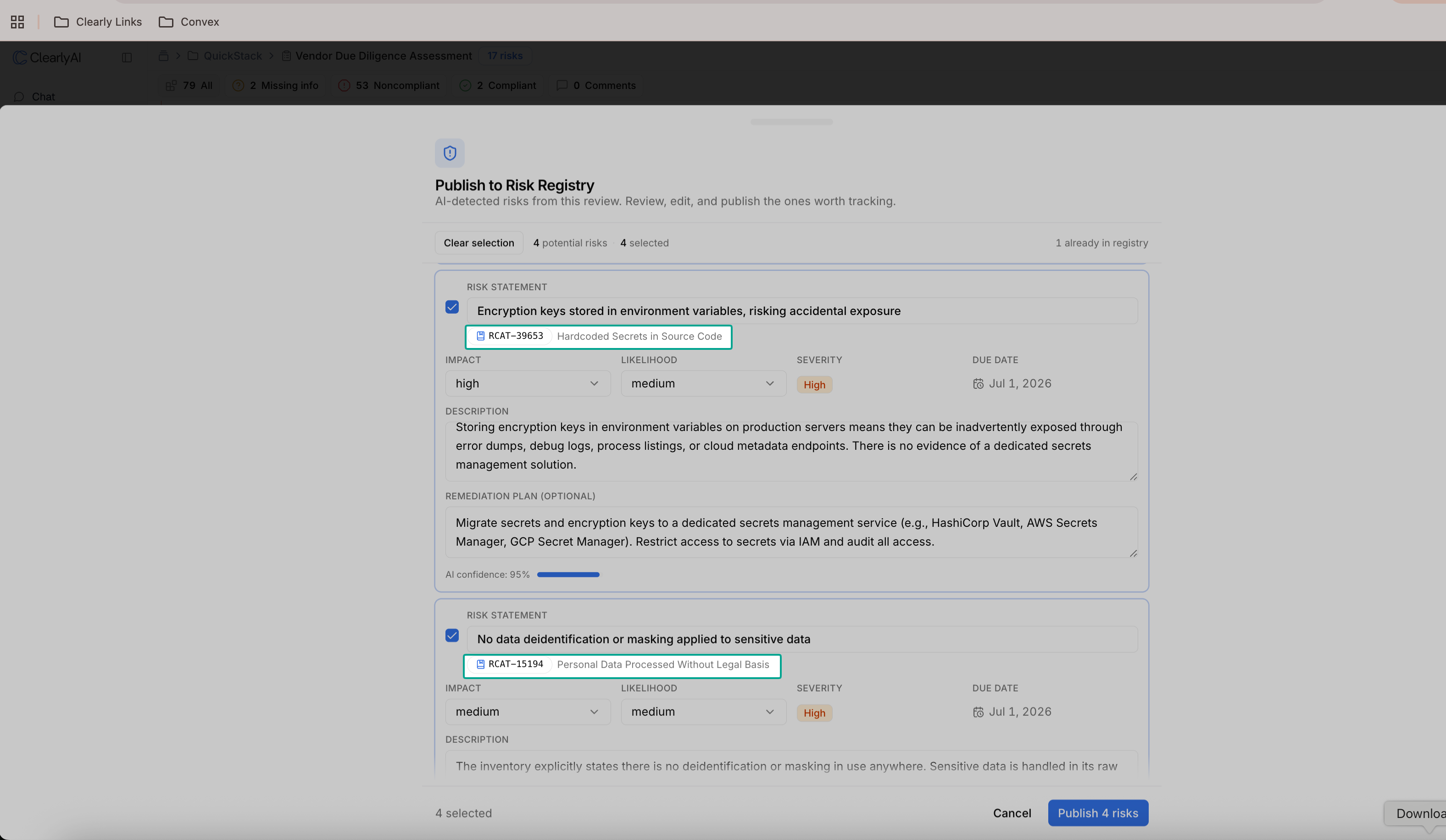 Publish to Risk Registry panel showing each detected risk mapped to a catalog risk by ID and name