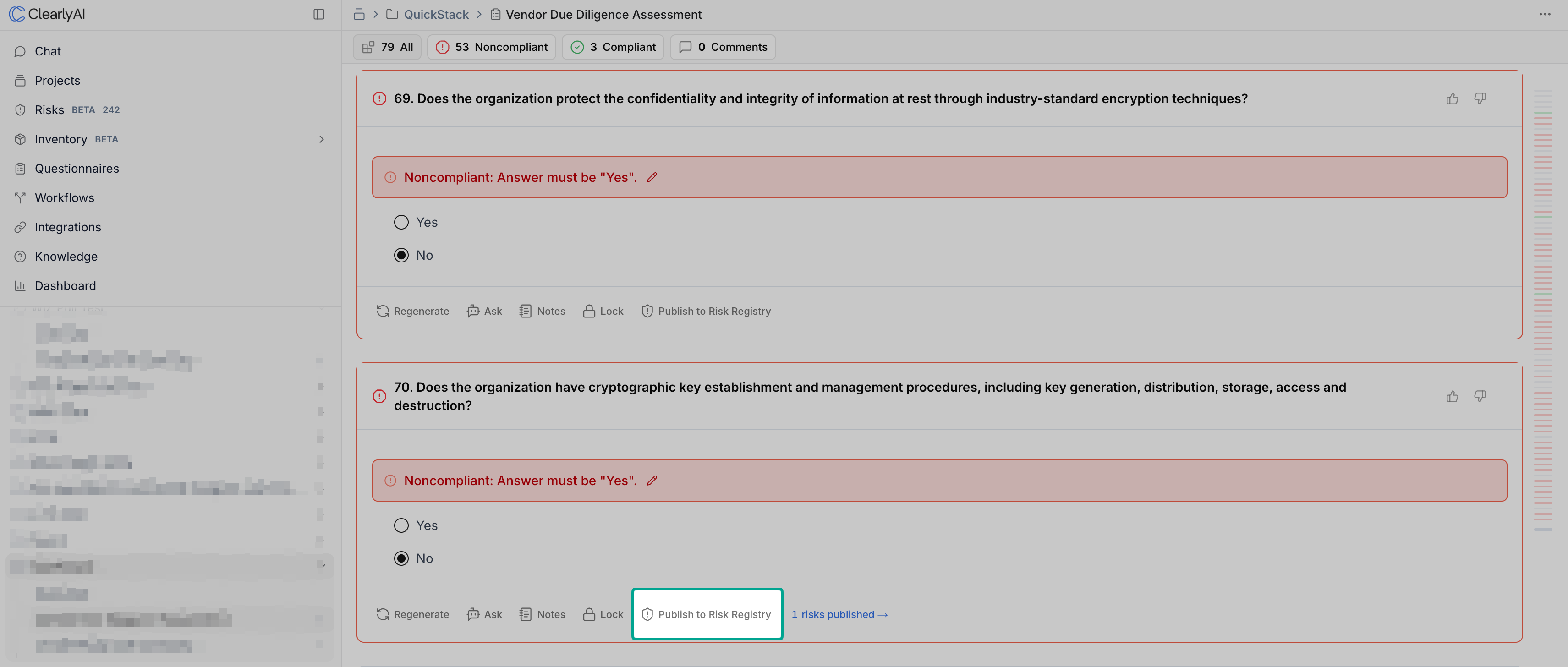Review answer with the Publish to Risk Registry action and a risks published link