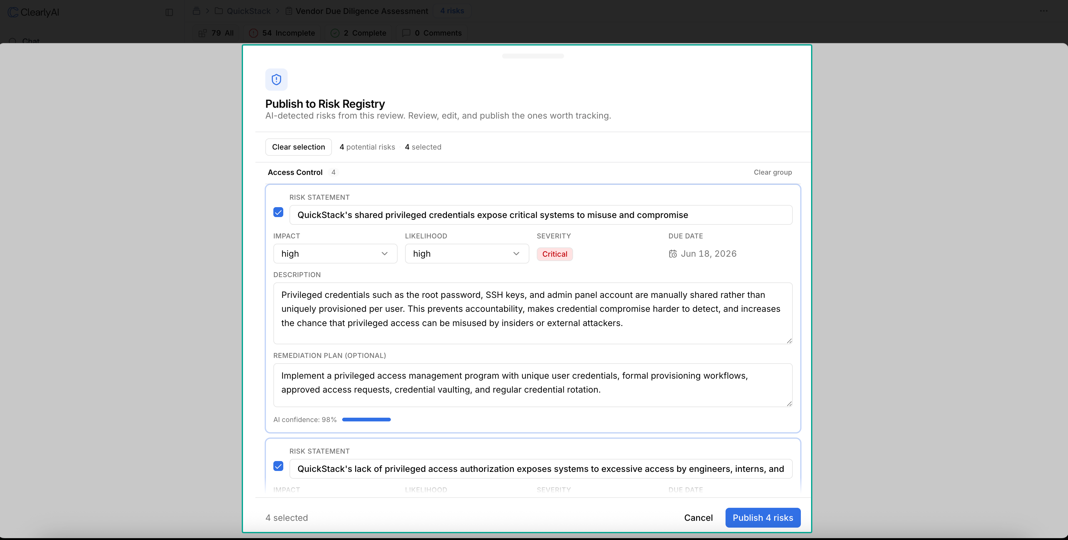 Publish to Risk Registry panel showing detected risks with editable fields, scoring, and AI confidence