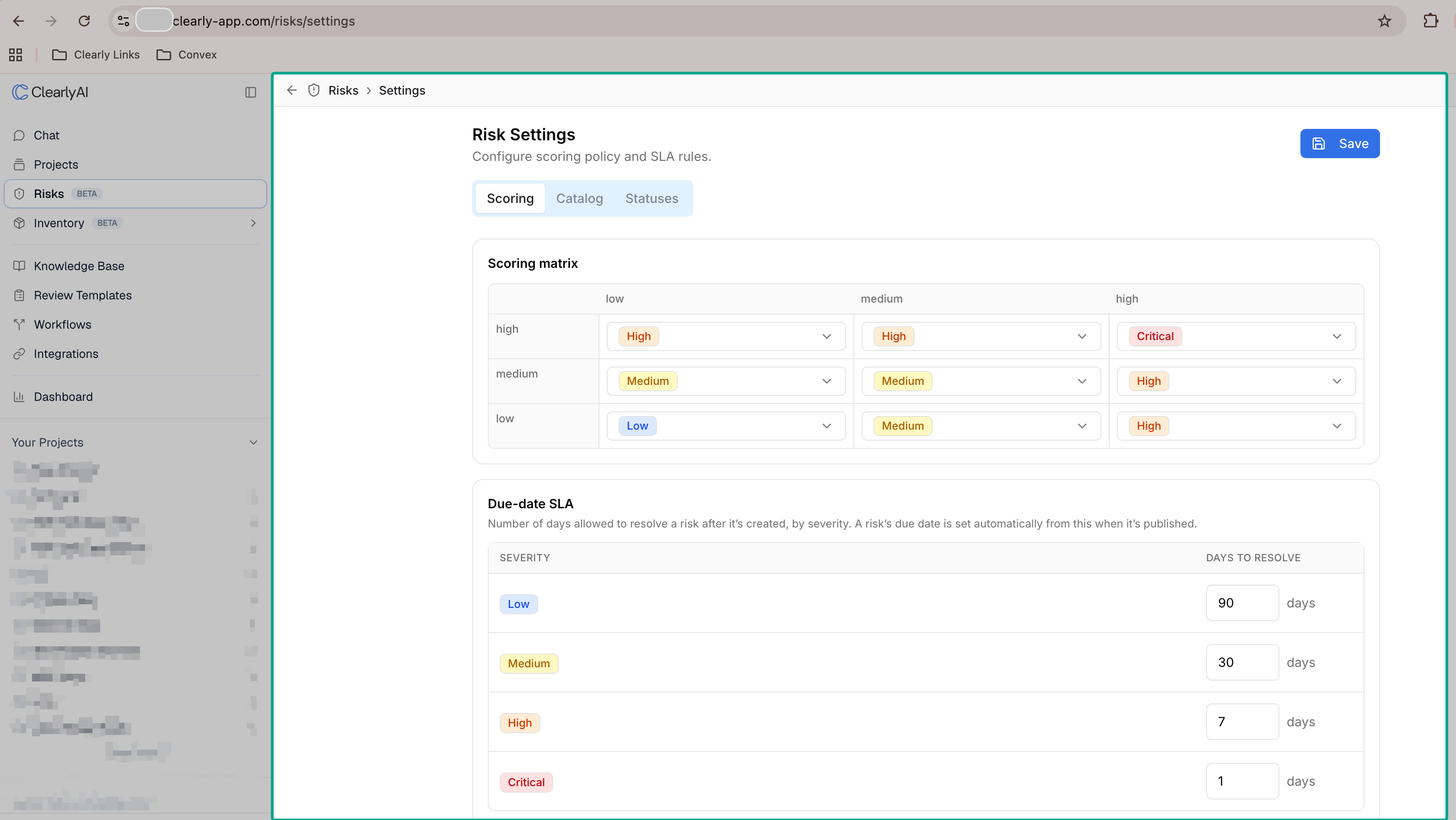 Risk Settings Scoring page with the severity matrix editor and per-severity SLA table