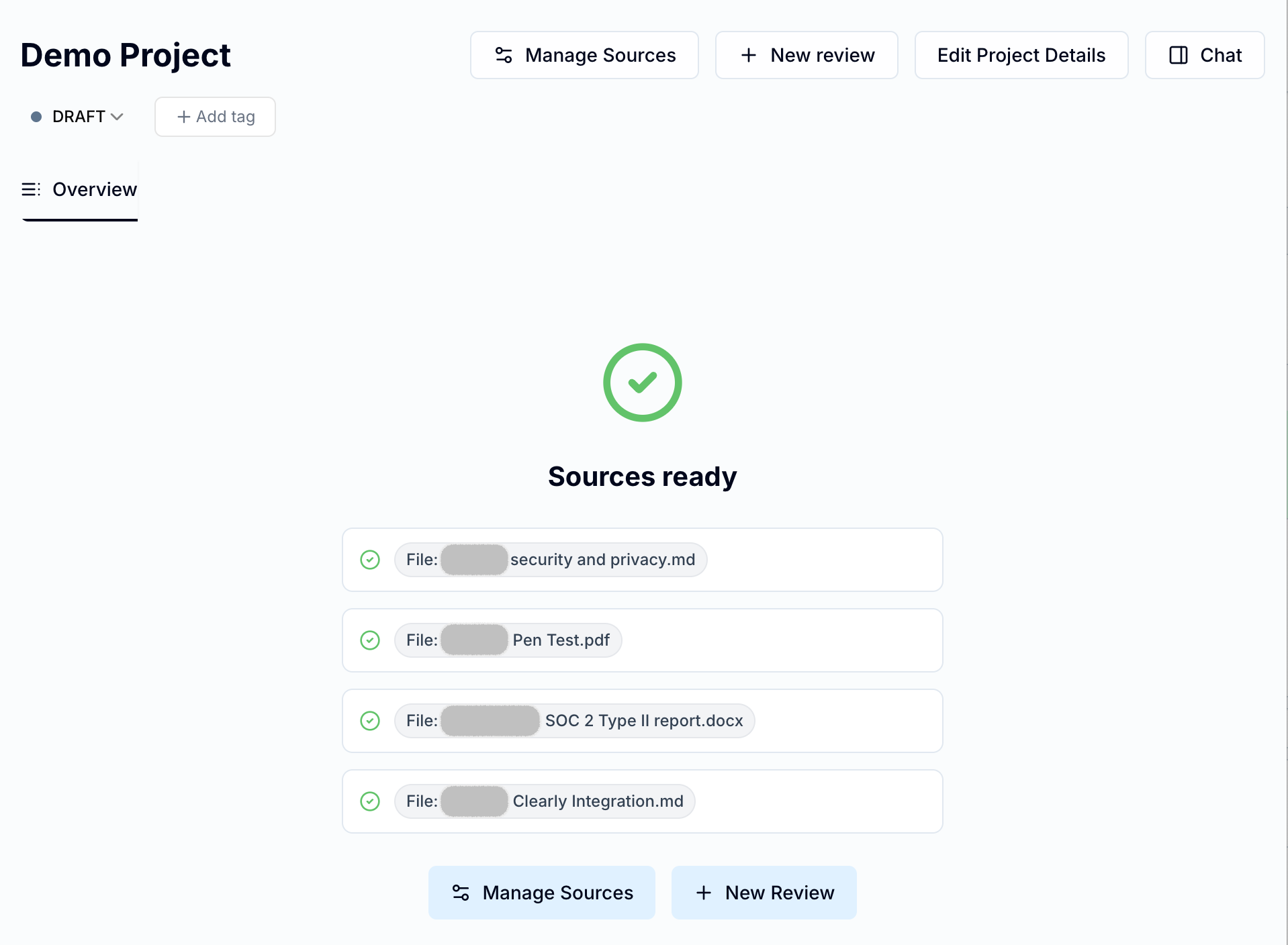 Project overview when sources are ready, with New Review enabled
