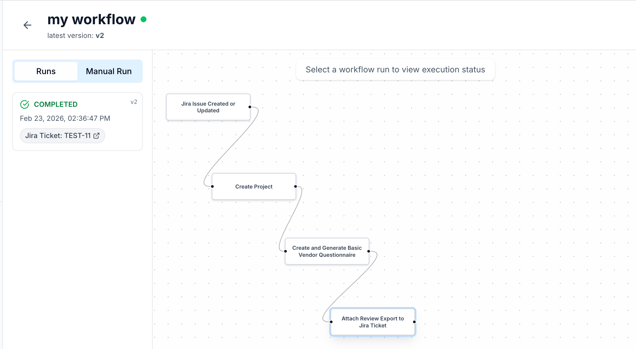 Workflow detail with Runs tab, a completed run, and the graph canvas