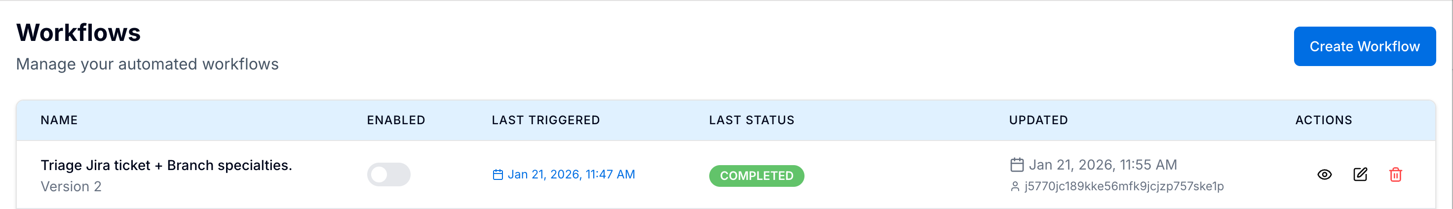 Workflows list with Create Workflow, Enabled toggle, and row actions