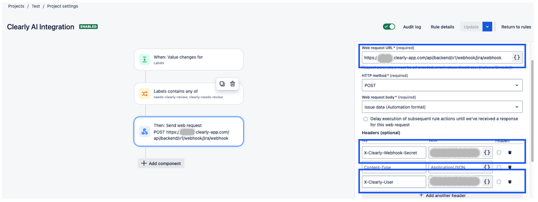 Jira automation web request configuration
