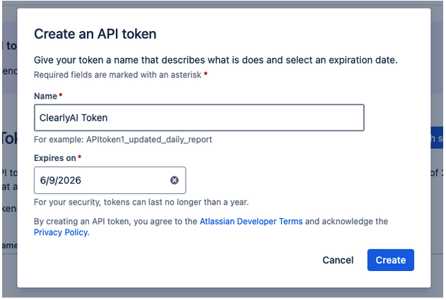Jira API token scope selection