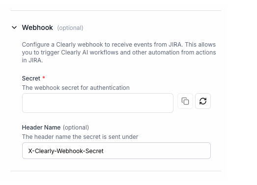 Jira webhook configuration section