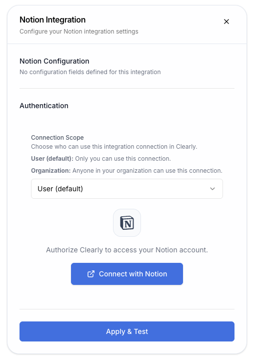 Notion integration configuration with Connect with Notion button