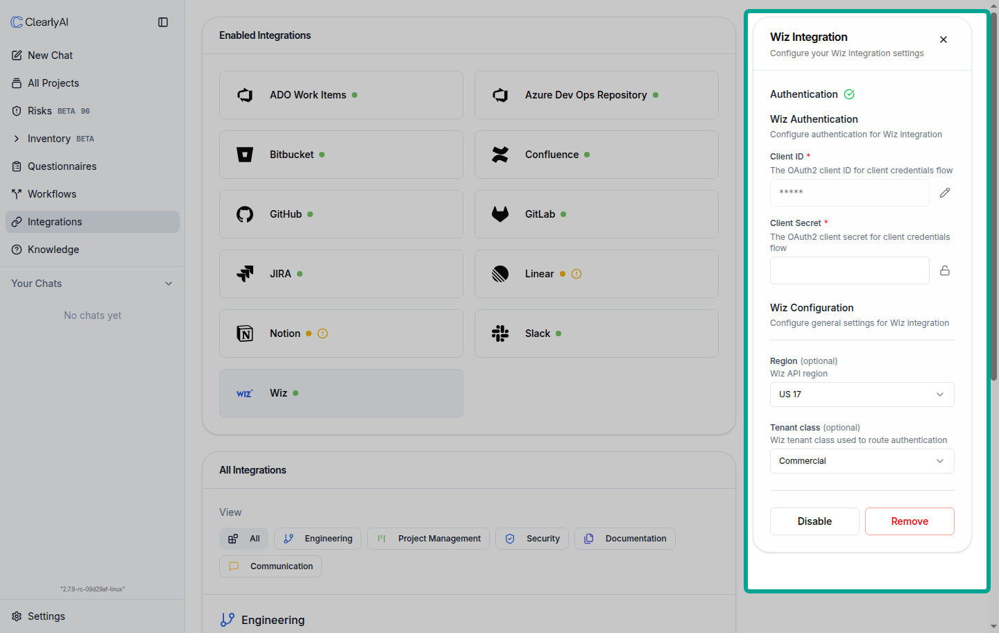 Wiz integration configuration panel
